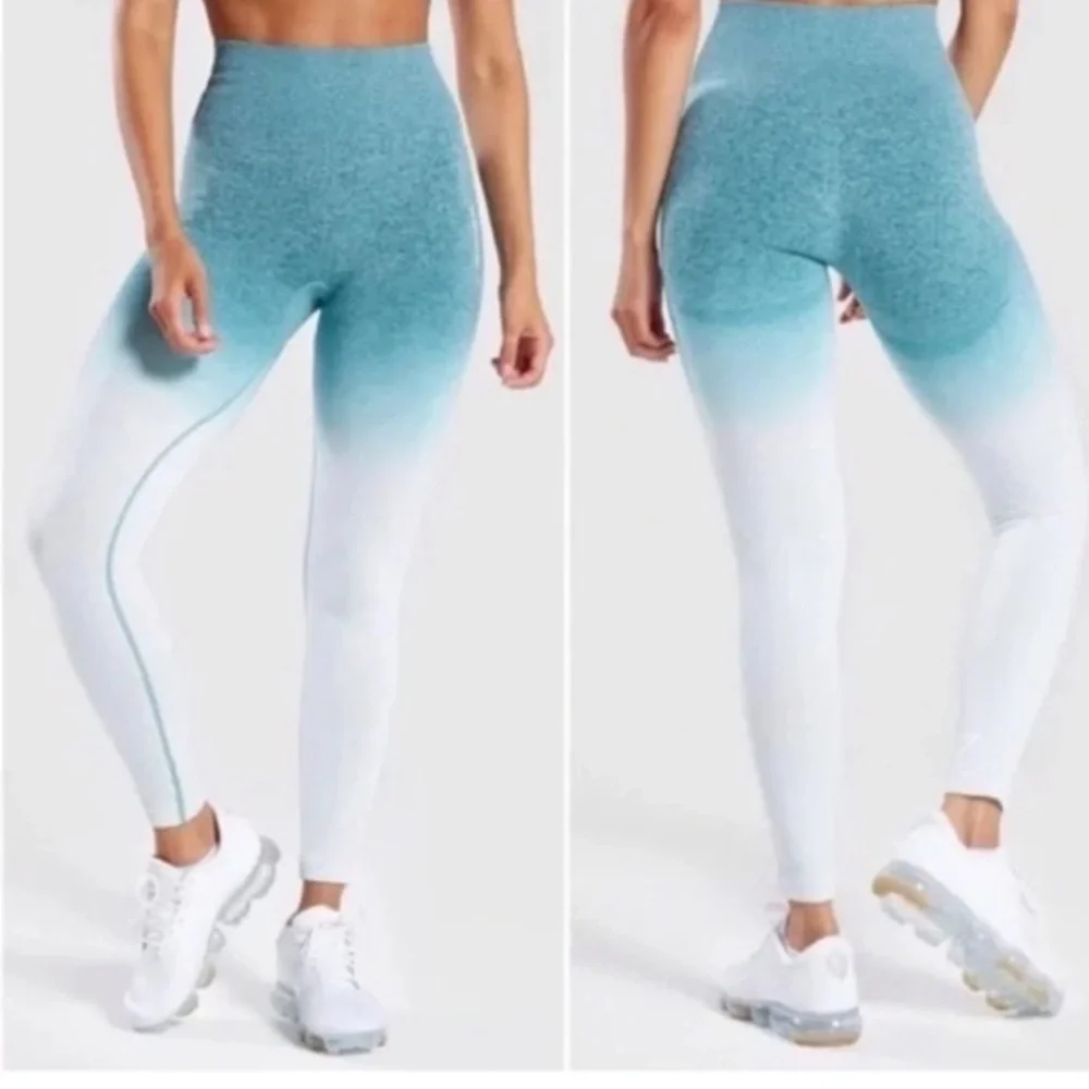 Gymshark teal white ombré seamless workout leggings sweat wicking high rise - Picture 3 of 12